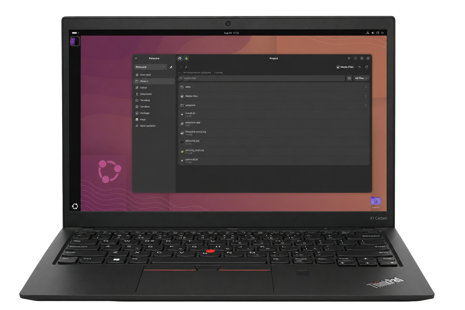 Petacore’s native project workspace running on Ubuntu on a ThinkPad