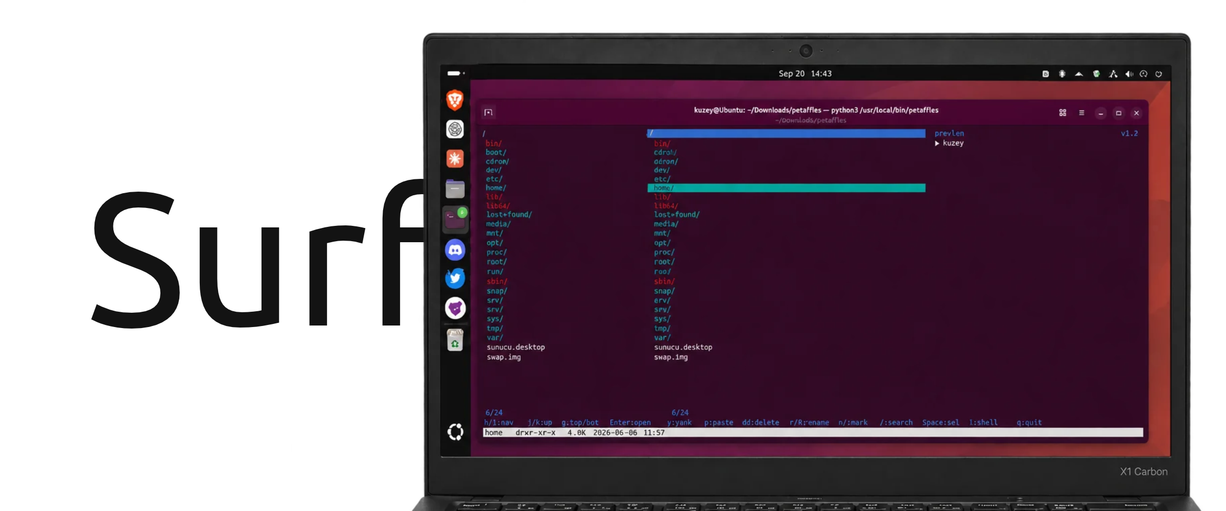 Surf — PetaFiles terminal file manager running on a ThinkPad