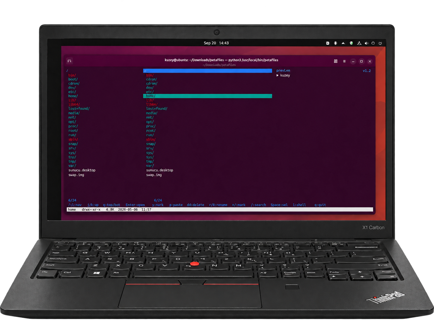 PetaFiles three-pane terminal file manager running on a ThinkPad