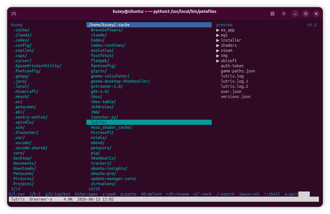 PetaFiles interface showing the parent folder, current directory, preview pane and keyboard help